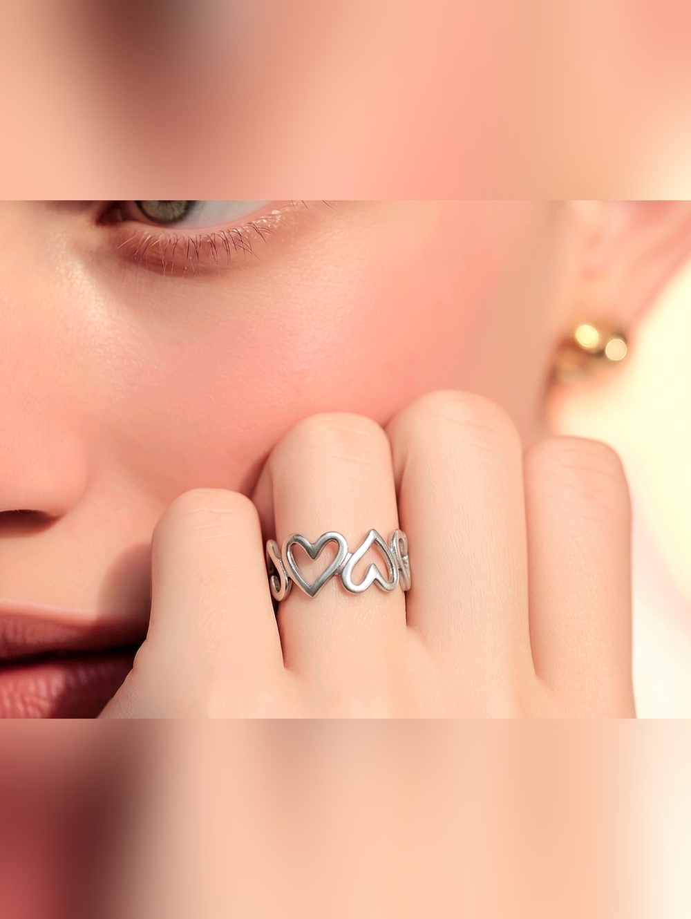 Hearts Silver Adjustable Band Ring